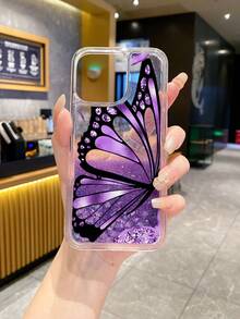 1pc Transparent TPU+PC Soft & Hard Combination Purple Liquid Quicksand Glitter Purple Butterfly Print Pattern Anti-Drop Phone Case, Fashionable Versatile Creative Personalized Full Coverage Phone Case, Suitable As Birthday Gift/Holiday Gift For Girlfriend, Best Friend, Wife, Lover, Relative, Boss, Couple, Classmate, Teacher, Colleague, Yourself, Compatible With/Matching Phone Case/Liquid Quicksand Phone Case/Interesting Phone Case/Android Phone Case/ Galaxy - Multicolor - View 3