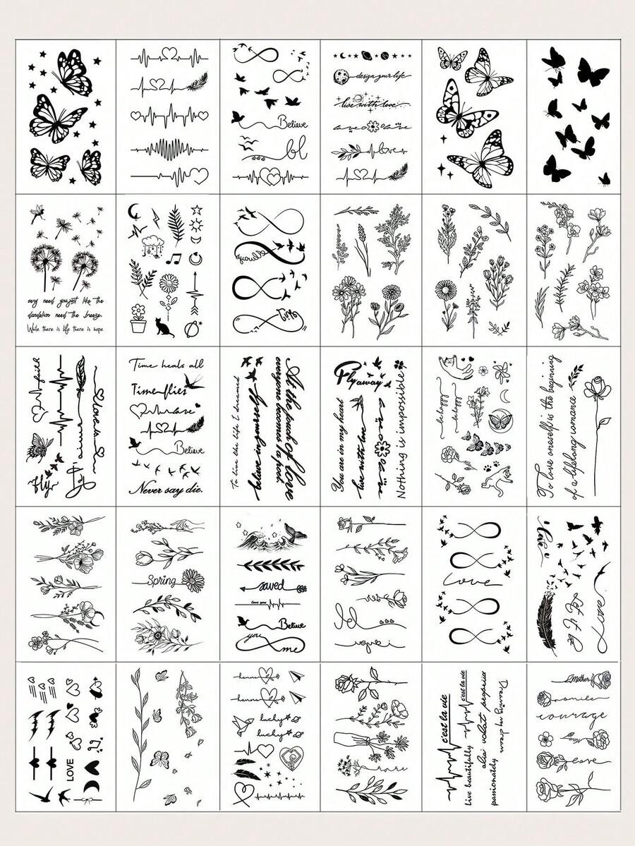 3 Sheets Black Butterfly Floral Word Small Pattern Tattoo Stickers Finger Wrist Body Small Parts Temporary Tattoo Stickers - Black - View 1