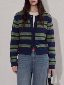 Jaket Kardigan Wanita Kasual Musim Gugur/Dingin Minimalis Retro Motif Garis-Garis Blok Warna Kerah Bulat - Navy Blue - View 4