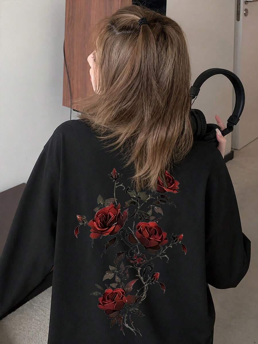 Women's Spring/Autumn Loose Fit Versatile Round Neck Fashion Casual Letter & Rose Print Long Sleeve T-Shirt - Black - View 1