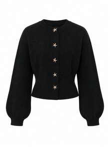 This Stylish Black Long Sleeve Sweater Is Designed For Women, Featuring Starfish Buttons And A Regular Length, Perfect For Wearing In Cool Weather. - Black - View 7