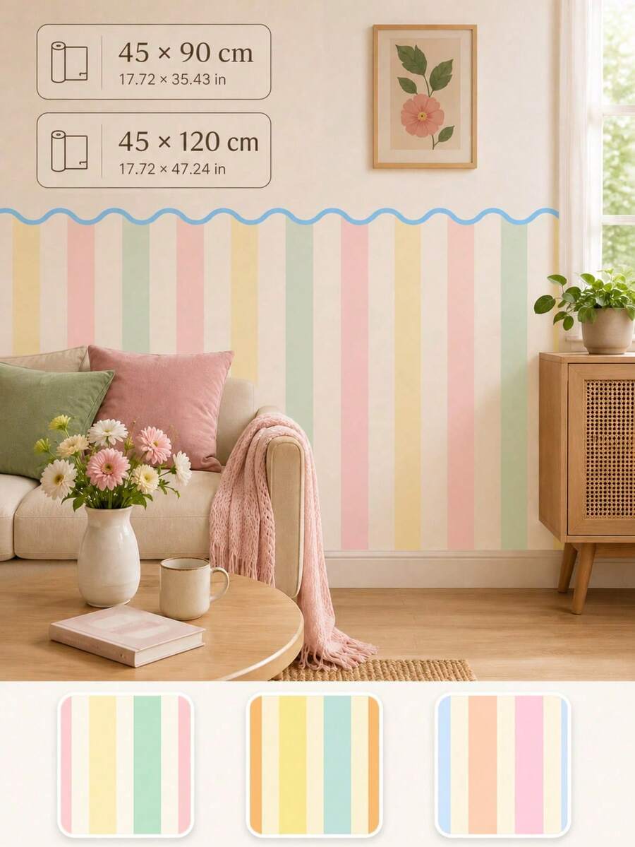 SUPSTICKER 1pc Pastel Color Wavy Stripe Vinyl Wall Sticker, Peel And Stick Removable, 17.72*35.43/47.24 Inches, Suitable For Indoor DIY Home Decor - 1PC - View 1