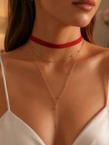 2pcs Women's Red Choker & Gold Tone Beaded Layered Y Lariat Necklace, Dainty Minimalist Stackable Neck Jewelry For Daily Wear, Dating & Party - Red - View 1