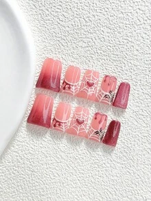10件組萬聖節主題甜美風手工穿戴甲 Poly Gel 美甲套組，蜘蛛、蜘蛛網、愛心圖案，粉色與白色，粉色哥德風，含美甲工具，3種尺寸可選，杏仁/鴨嘴/棺材形，適合派對、舞會、日常配戴 - 彩色 - 查看 2