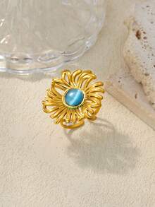 2Pcs/Set Vintage Blue Cubic Zirconia Flower Ring For Women Gold Color Open Ring Wedding Party Jewelry Gift - Multicolor - View 4