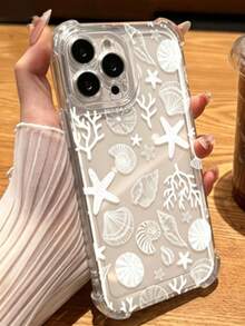 1pc ClearFour Corners Air Cushion Shockproof Phone Case, White Line Pattern, Seashell, Starfish, Coral, Ocean Design, Transparent Material, Anti-Drop Design, TPU Protective Shell - Clear - View 3