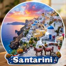 Santorini Blue Domes Whitewashed Cliffs And A Donkey's Gentle Path Magnet Where The Sunset Paints The Caldera In Gold Keepsake For All Metal Surfaces Throughout The Home - A - View 6