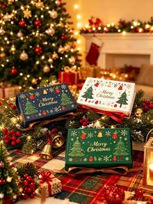 16pcs Multi-Style Cute Christmas Gift Boxes With Ribbon, Empty Paper Gift Packaging Boxes With Christmas Tree And Bell Patterns, Foldable, Suitable For Candy, Cookies, Chocolate Holiday Gift Packaging, Perfect Christmas Gift For Friends And Family - Multicolor - View 2
