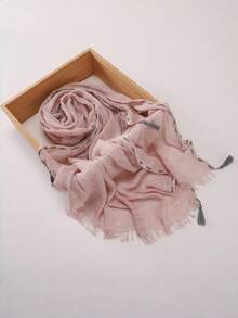 1pc Perforated Drawstring Tassel Hijab, Women Muslim Modest Headscarf, Hand‑Made Textured Tie‑Dye Scarf Shawl - Tassel String-through Textured Scarf - View 10