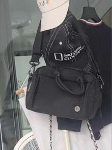 女款休閒單肩運動包，斜背包，易搭配且易清潔，格子材質，多拉鍊大容量手提包 - 黑色 - 查看 11