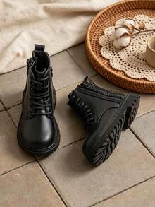 1 Pair Fashionable Children's Classic Lace-Up Boots, Minimalist Plain Round Toe Short Boots, Suitable For School Daily Wear And Casual Outings, Versatile For All Seasons - Black - View 7