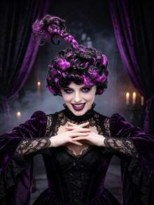 anxin Peruca Curta Encaracolada Sintética Preta e Roxa com Design de Trança Elevada Especial, Visual de Bruxa para Fantasia de Halloween Feminina, Cosplay e Eventos de Encontro - Púrpura - Visão 2