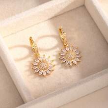 Multi-Style Sunflower Zirconia Ear Drops, Shiny Sunflower Ear Clips, Niche Luxury Floral Earrings For Women's Daily Wear Accessories - Sunflower Hoop Earrings - View 7