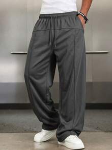 1pc Men's Autumn/Winter Korean Style Minimalist Line Structure Loose Casual Long Pants - Dark Grey - View 7