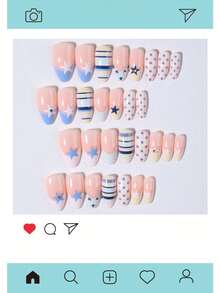 30pcs Long Almond Shape French Press-On Nails, Blue Nails With Stripes And Polka Dots, Star Pattern Design, Decorated With Rhinestones. Set Includes: 1pc Jelly Glue And 1pc Nail File. - Multicolor - View 5