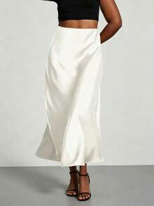 Plus Size Solid Color Satin Elegant Long Skirt For Vacation, Evening Party And Wedding White - White - View 7