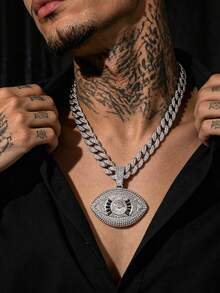 1pc Evil Eye Shaped Pendant And Rhinestone Cuban Chain Men's Fashion Popular Hip Hop Pendant Necklace - Silver - View 6