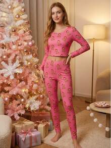 Women's Christmas Bear Faux Cashmere Set, Pink Base With Brown & Red Contrast Print, Long Sleeve & Long Pants 2 Pieces Loungewear - Multicolor - View 5