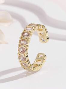 1pc Luxury Style Fashion Versatile Unique Elegant, Fade-Resistant Copper Oval Rhinestone Open Adjustable Ring, Suitable For Women's Daily Wear, Dating, Party, Gift Accessory - Gold - View 3