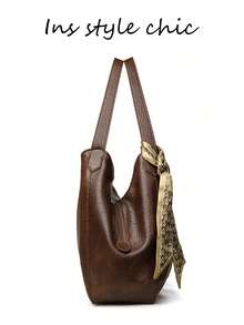 Solid Color Pleated Texture Shoulder Bag With Heart Print Scarf, Large Capacity Tote Bag For Books, Umbrellas, Water Bottles And Other Personal Items, Suitable For Daily Commute, Short Trips, Shopping And Everyday Outings - Brown - View 4