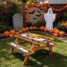 3 PiecesPicnic Tablecloth Set With Bench Cover, Elastic Edge Design, Halloween And Patterns, Washable Rectangular Tablecloth, Suitable For Weddings, Camping, Picnics, Garden Parties, Practical Essential - E - View 8