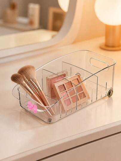 Bowknot Design Transparent Rolling Desktop Storage Box With Removable Dividers, Large Capacity Open-Top Storage Basket For Vanity, Bathroom Countertop, Wall Cabinet Organization, Suitable For Storing Face Masks, Bottled Skincare, Makeup, Beauty Tools, Bottles And Jars Of Lotions And Creams, Divided Layout For Easy Item Classification, Practical Home Desktop Storage Tool, Perfect Gift For Women, Back To School, Friends, Teacher's Day