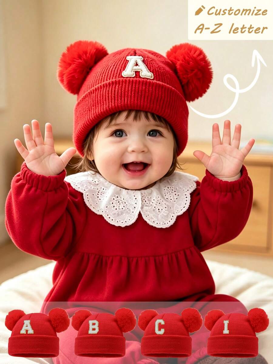 1pc A-Z Letter Double Pom Pom Knitted Hat, Newborn Autumn/Winter Warm & Cold-Proof Hat, Suitable For 0-3 Years Old Baby Daily Wear - Red - View 1