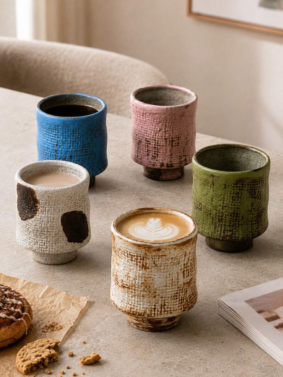 1pc Vintage Textured Ceramic Tea Cup, Japanese Retro Handmade Pottery Stoneware Handleless Coffee Cup, 200-220ml Small Espresso Latte Cappuccino Milk Water Cup, Suitable For Home Cafe Kitchen Office Breakfast Afternoon Tea Gift - Fabric-textured Disposable Cup - View 1