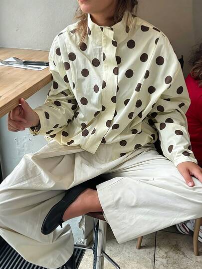 Just Masa Women's Fall Casual Vintage Polka Dot Printed Zip Up Funnel Neck Jacket,Long Sleeve Loose Elastic Hem Y2K Coat,For Daily Wear,Going Out