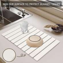 Large Stone Dish Mat Ideal For Kitchen Countertops Dimensions: 24 Inches (L) * 16 Inches (W) Quick-Drying With Superior Water Absorption Foldable Design Accommodates Bowls, Bottles And Cups Fits Any Countertop Surface Kitchen Accessory Christmas Gift - Light Grey - View 6