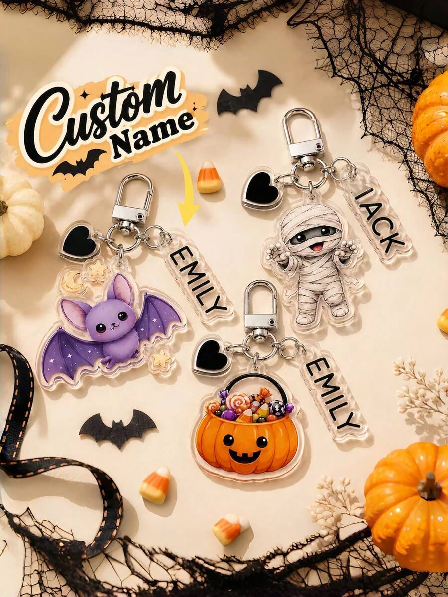 1pc Custom Halloween Acrylic Keychain, Personalized Name Bag Charm,Custom Name Keychain, Halloween Gift - Multicolor - View 1