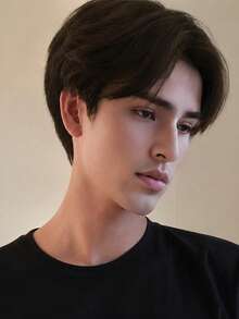 時尚男士短髮中分假髮，易佩戴全頭假髮，適合 Cosplay，蓬鬆自然風格 - 棕色 - 查看 7