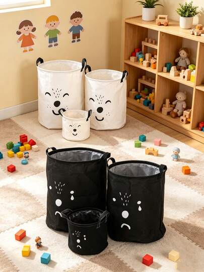 Cute Bear Face Fabric Storage Basket With Handle, Foldable Waterproof Storage Box, 3 Sizes Large Capacity Laundry Basket, Suitable For Children's Toys, Clothes And Miscellaneous Items Storage