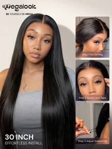MEGALOOK 13x6 Glue-Free Silky Straight Human Hair Wig, 200% Density, Natural Black, Pre-Plucked Hairline, Pre-Bleached Knots, Ear-To-Ear Transparent Lace Front, Free Parting - Black - View 9