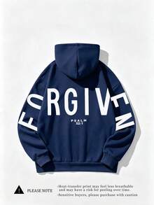 FORGIVEN PSALM 聖經基督耶穌禱告圖案女款舒適連帽衛衣，長袖口袋微落肩休閒款，適合秋冬穿著 - 藏蓝色 - 查看 3