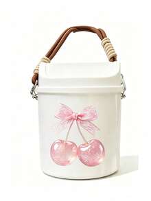 Cute Bowknot Cherry Print Swing Lid Car Trash Can, Kawaii Hanging Waste Bin, Multifunctional Desktop Sundry Storage Bucket, Makeup Brush Holder, Portable Organizer Container For Vehicle Interior Decor - A - View 15