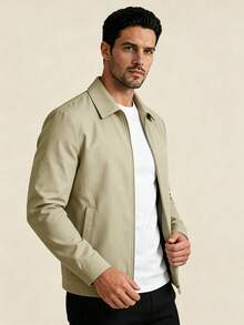 AHTELB Men's Spring/Autumn Stand Collar Jacket, Fashion Casual Solid Color Jacket, Men's Turn Collar Zipper Jacket, Father Sports - Khaki - View 3