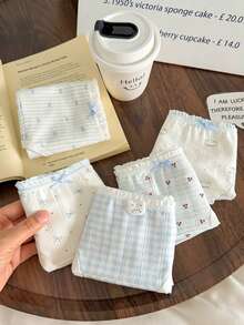 5pcs/Set Japanese Style Cute Blue Plaid & Floral Cotton Thin Women's Triangle Panties - Multicolor - View 6