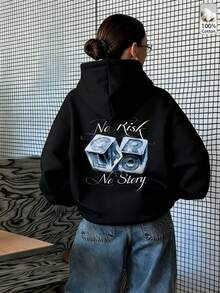 Autumn/Winter Women's Casual Hoodie, Cool Ice-Effect Dice Graphic, Sporty Jogging Style Women's Top, Y2K Streetwear Hoodie - Black - View 3