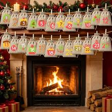 CARRIECUR 24Pcs Christmas Advent Calendar Bags, Simple Color Block Xmas Elements Linen Drawstring Gift Pouches With Number Print, Wooden Clothespins & Jute Twine, DIY Xmas Countdown Candy Treat Gift Sacks - View 9