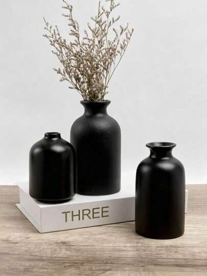 1/4pcs Black Faux Ceramic Vase, Small Decorative Vase For Home Decor, Modern Farmhouse Style, Dried Flower Vase, Creative Shelf, Table, Bookshelf Vase, Minimalist Faux Ceramic Home Living Room Dining Table Artificial Flower Dried Flower Holder, Office Hydroponic Flower Holder