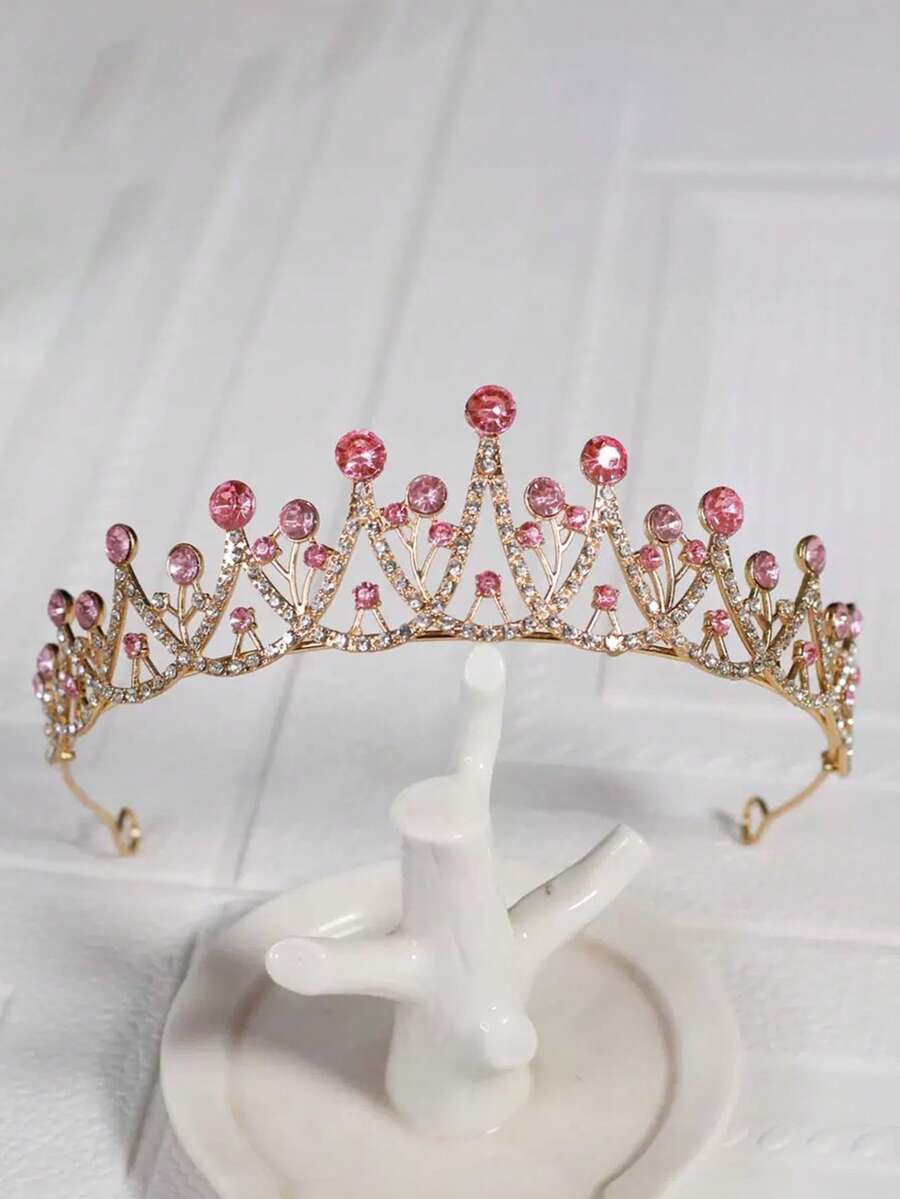 1件歐美時尚精緻合金新娘皇冠，適合女性婚禮派對髮飾，女王公主派對頭飾 - 淺粉色 - 查看 1