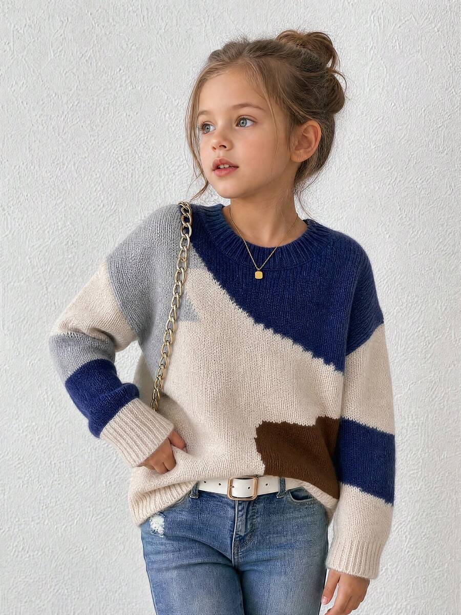 1pc Tween Girls INS Style High-End Contrast Color Patchwork Geometric Pattern Round Neck Long Sleeve Knit Sweater, Korean Loose Slouchy Pullover, Children Casual Fashion Versatile Knit Top, Skin-Friendly Soft Student Daily Outing Outfit, Autumn/Winter Essential - Blue - View 1