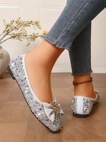Silver Sequin Bow Decorated Square Toe Soft Sole Slip-On Flat Shoes For Women, Comfortable Flat Slip-On Shoes Suitable For Daily Casual, Beach, Party, Workplace, All Seasons - Silver - View 4