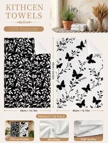2PCS Kitchen Towels Black & White Floral Butterfly Pattern, Minimalist Style Super Fine Fiber Material Soft Kitchen Towels Dish Cloths, Hand Towels, Tablecloths, Kitchen Decor, Kitchen Cleaning, Bathroom Cleaning, Holiday Party Decor, Kitchen & Bathroom Supplies Home Essentials, Home Decor, Housewarming Gift - Black and White - View 3