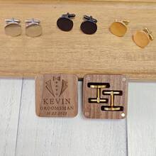 1 Set Personalized Metal Cufflinks, Customized Engraved Round Metal Cufflinks With Square Wooden Box, Groomsmen Gift, Groom Men's Gift - Multicolor - View 4