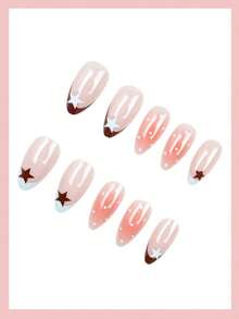 24pcs Y2K Minimalist French Style Light Blue & Brown Gradient Polka Dot French Star Pattern Acrylic Press-On False Nails, Suitable For Sweet Girls & Women Daily Wear, Holiday Parties, Afternoon Tea And Other Occasions - Multicolor - View 3