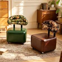 Wooden Frame Rotating Ottoman Stool With Jacquard Backrest, Multi-Functional Low Shoe Bench With Universal Swivel Casters, Portable Padded Small Sofa Stool, Suitable For Entryway, Living Room, Bedroom, Home Seating And Footstool - Multicolor - View 2