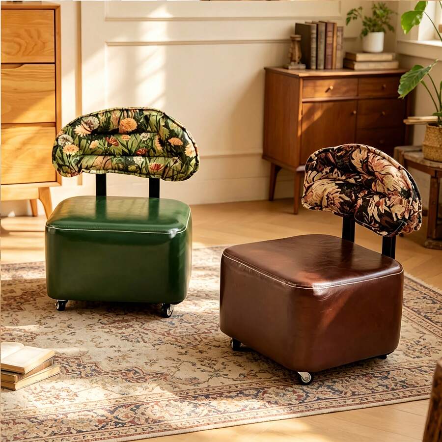 Wooden Frame Rotating Ottoman Stool With Jacquard Backrest, Multi-Functional Low Shoe Bench With Universal Swivel Casters, Portable Padded Small Sofa Stool, Suitable For Entryway, Living Room, Bedroom, Home Seating And Footstool