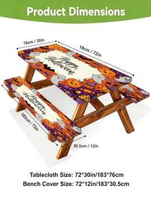 3 PiecesPicnic Tablecloth Set With Bench Cover, Elastic Edge Design, Halloween Pattern With , Washable Rectangular Tablecloth, Suitable For Weddings, Camping, Picnics, Garden Parties And More, Practical Essential - D - View 3
